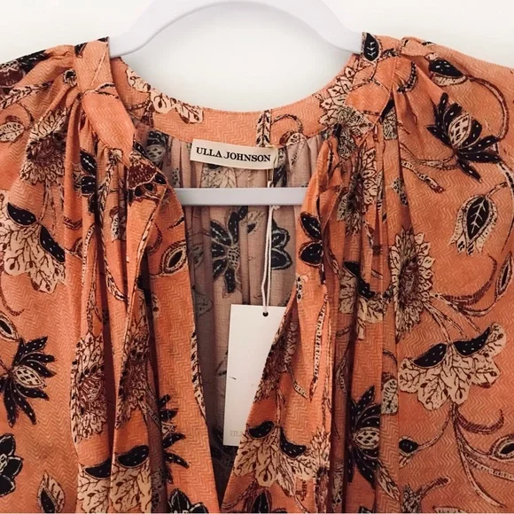 ULLA JOHNSON Primrose Puff Sleeve Tiered Midi Dress Salmon Floral - Picture 3 of 13